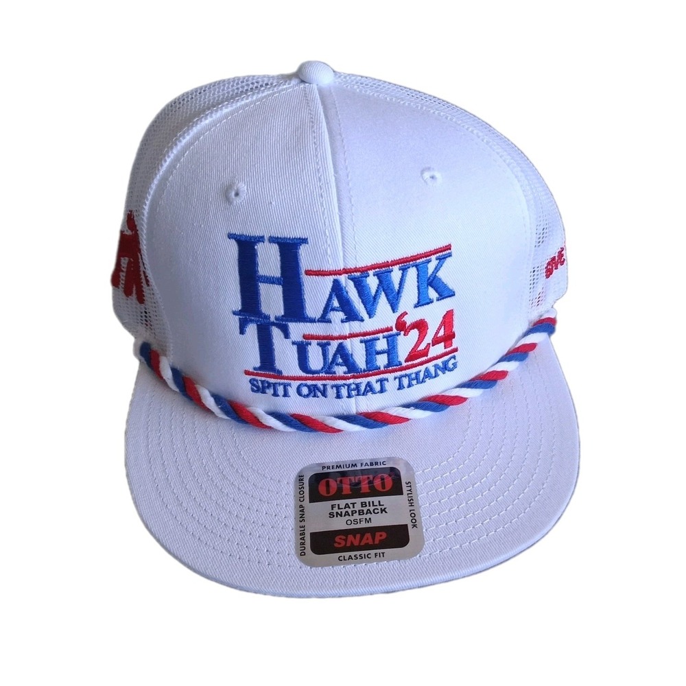 NWOT Hawk Tuah 24 Cap White Embroidered One Size Mesh Trucker Snapback Otto NEW
